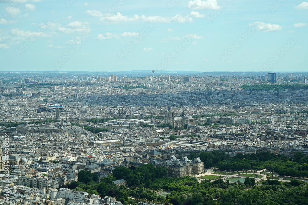 Vue panoramique de Paris avec le jardin du Luxembourg et Notre Dame
