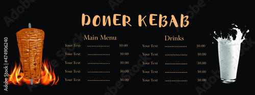 Shawarma cooking and ingredients for kebab. Doner kebab hand drawn. Middle eastern food. Fast food menu design elements. Restaurant cafe menu, template design. Food flyer. Vector.