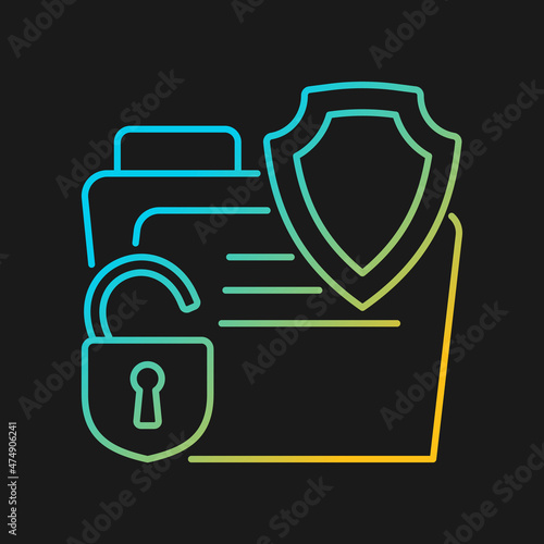 Data breach insurance gradient vector icon for dark theme. Financial losses online. Cyber safety insurance policy. Thin line color symbol. Modern style pictogram. Vector isolated outline drawing