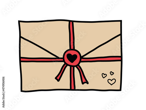 Letter with red ribbon and heart shaped seal. Hand drawn vector illustration of Envelope for valentines day or wedding design. Drawing on white isolated background
