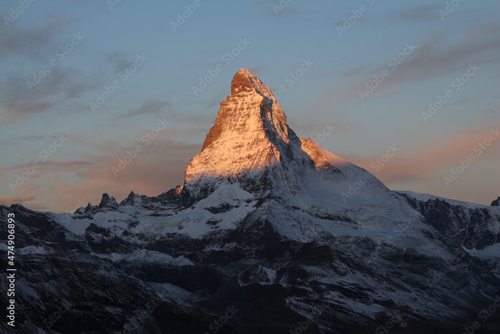 Bright lit peak of Mount Matterhorn.