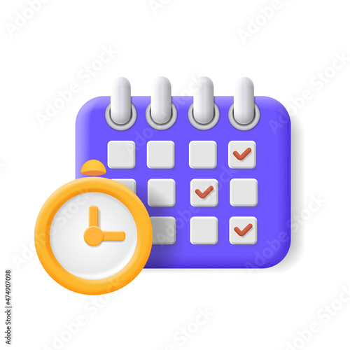 Calendar assignment and clock icon. Schedule, appointment, Planning concept 3d vector