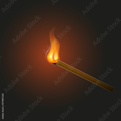 Burning match with fire. Realistic 3d. Abstract realistic vector illustration