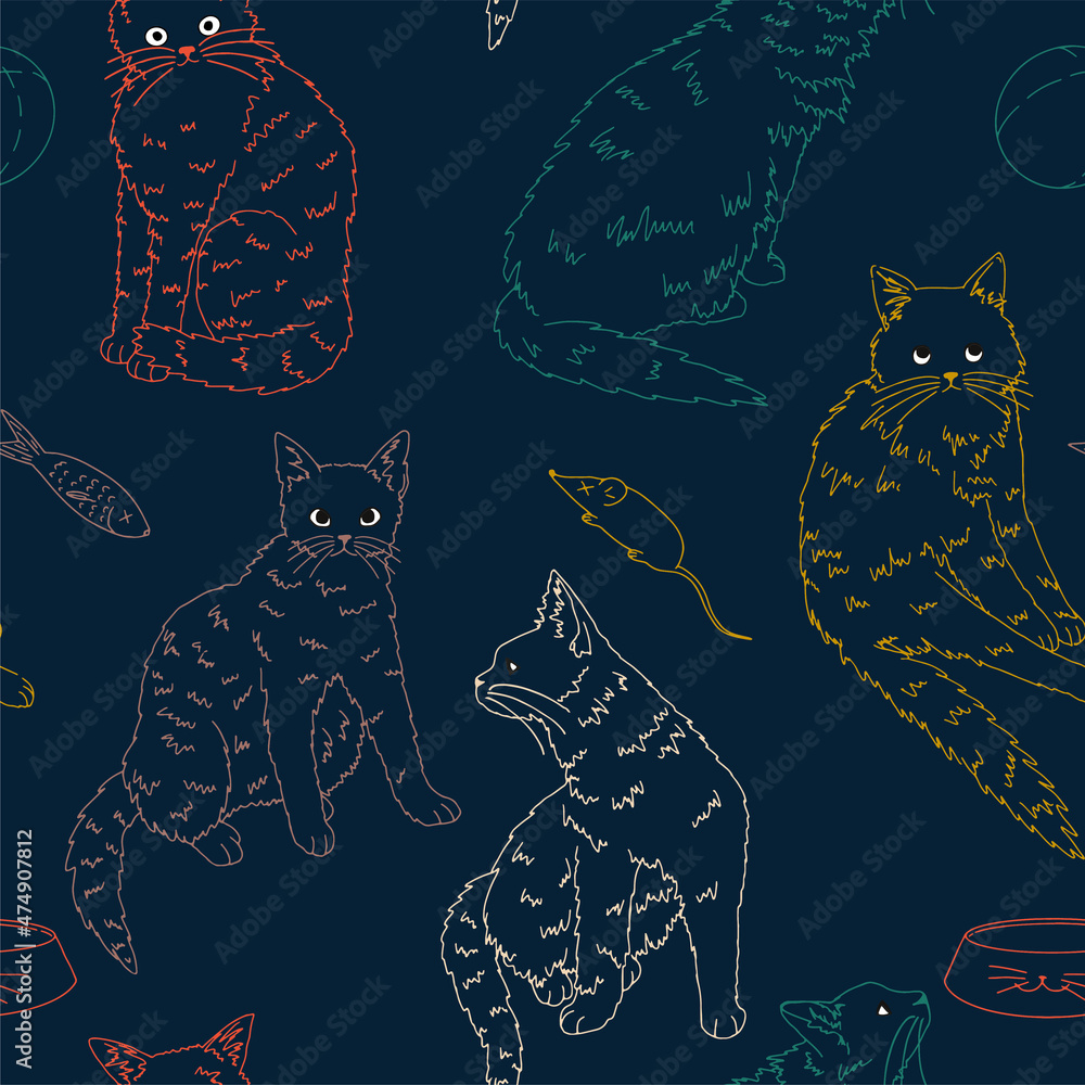 Cats pet animals, funny kittens seamless pattern. Hand drawn vector illustration. Colored ornament. Design for decor, wallpaper, background, textile.