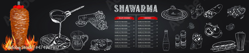 Shawarma cooking and ingredients for kebab. Doner kebab hand drawn. Middle eastern food. Fast food menu design elements. Restaurant cafe menu, template design. Food flyer. Vector.