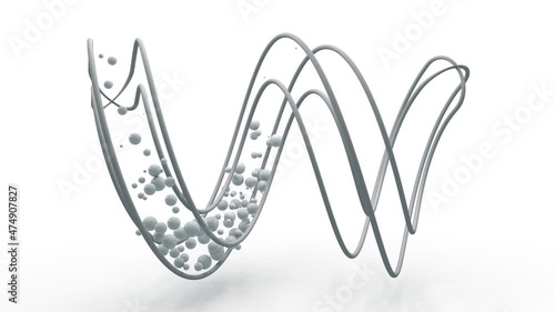 Loop 3d animation of the pulsating motion of the balls along the trajectory inside the grid of guides. Abstract composition.