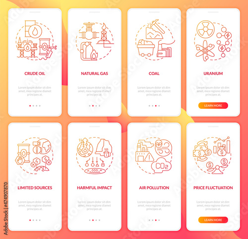 Nonrenewable energy and environment onboarding mobile app page screen set. Walkthrough 4 steps graphic instructions with linear concepts. UI, UX, GUI template. Myriad Pro-Bold, Regular fonts used