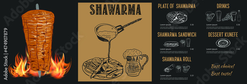 Shawarma cooking and ingredients for kebab. Doner kebab hand drawn. Middle eastern food. Fast food menu design elements. Restaurant cafe menu, template design. Food flyer. Vector.