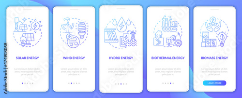 Types of renewable sources onboarding mobile app page screen. Power walkthrough 5 steps graphic instructions with linear concepts. UI, UX, GUI template. Myriad Pro-Bold, Regular fonts used