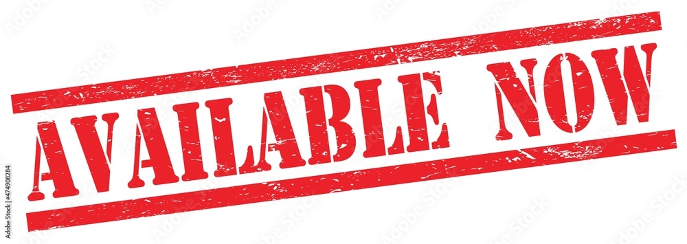 AVAILABLE NOW text on red grungy rectangle stamp. AVAILABLE NOW text on red grungy rectangle stamp.