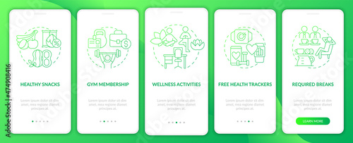 Employee health perks onboarding mobile app page screen. Gym membership walkthrough 5 steps graphic instructions with linear concepts. UI, UX, GUI template. Myriad Pro-Bold, Regular fonts used