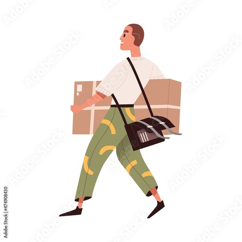 Happy buyer walking with purchase in hands. Man courier carrying big cardboar...
