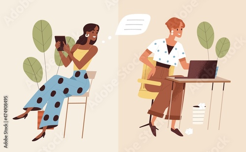 Remote virtual business communication concept. Modern office workers communicate, discuss project and work online through internet. Woman colleague sending voice message. Flat vector illustration