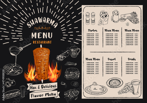 Shawarma cooking and ingredients for kebab. Doner kebab hand drawn. Middle eastern food. Fast food menu design elements. Restaurant cafe menu, template design. Food flyer. Vector.
