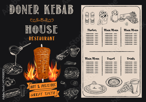 Shawarma cooking and ingredients for kebab. Doner kebab hand drawn. Middle eastern food. Fast food menu design elements. Restaurant cafe menu, template design. Food flyer. Vector.