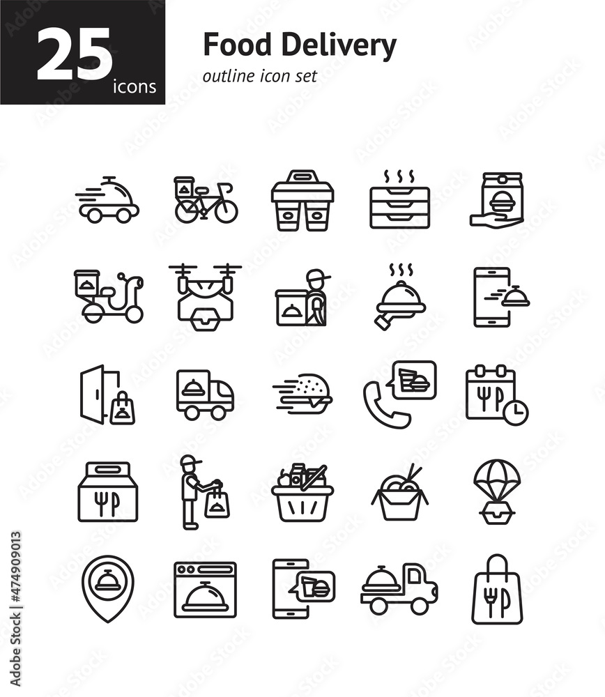 Food Delivery outline icon set. Vector and Illustration.