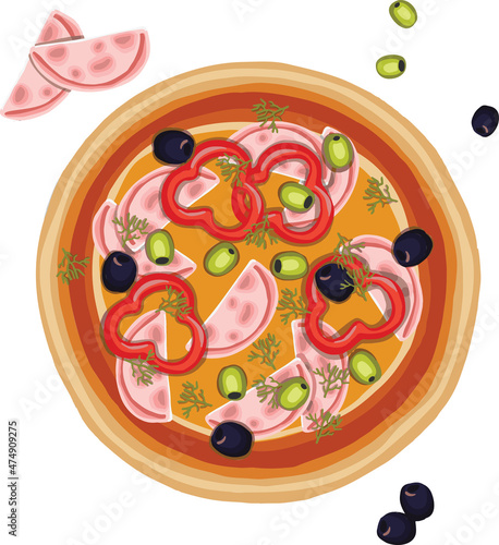 hand drawn pizza with olives and peppers illustration
