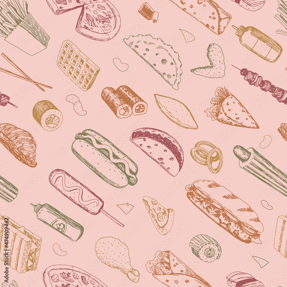 Fast food sketches seamless pattern. Delicious food colored ornament. Hand drawn vector illustration. Modern style design for decor, wallpaper, background, textile.