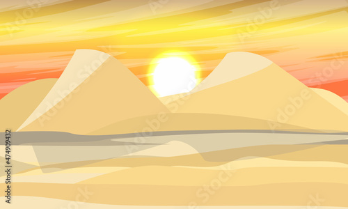 Desert at sunset. Large sand dunes in the rays of the setting sun. Realistic vector landscape