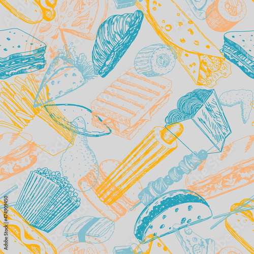 Fast food sketches seamless pattern. Delicious food colored ornament. Hand drawn vector illustration. Modern style design for decor, wallpaper, background, textile.