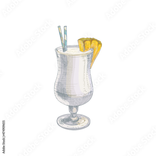 Pina colada cocktail with slice pineapple and straw. Vintage hatching