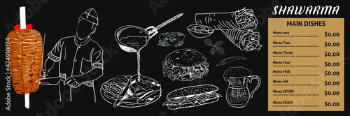 Shawarma cooking and ingredients for kebab. Doner kebab hand drawn. Middle eastern food. Fast food menu design elements. Restaurant cafe menu, template design. Food flyer. Vector.