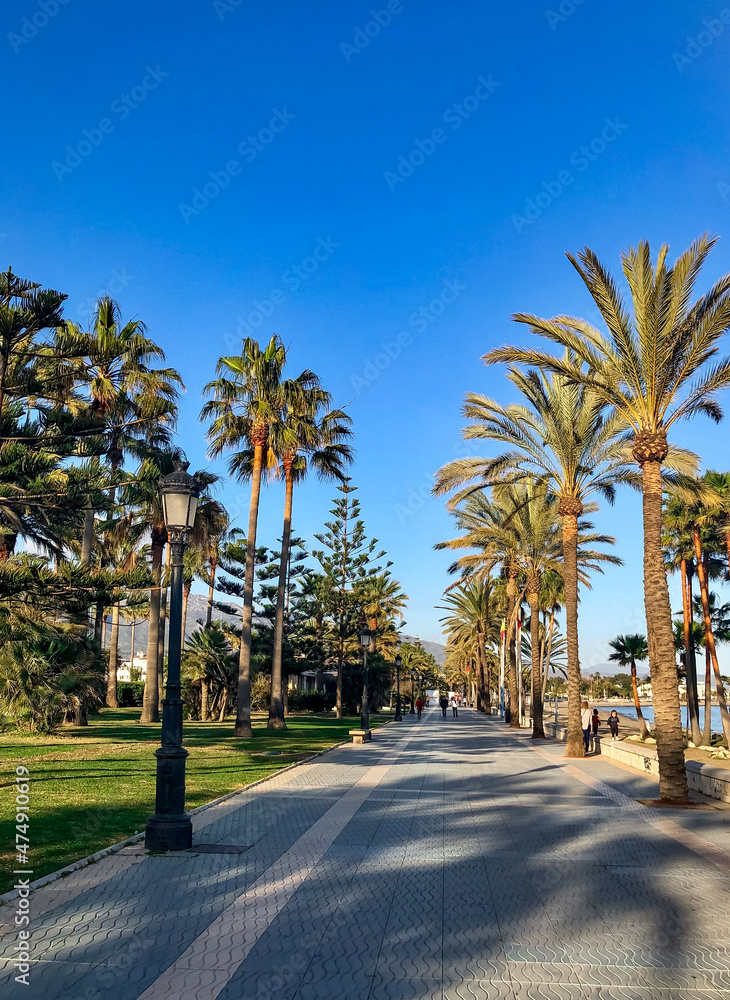 seafront promenade in the sunny day. Marbella resort city. Malaga, Spain