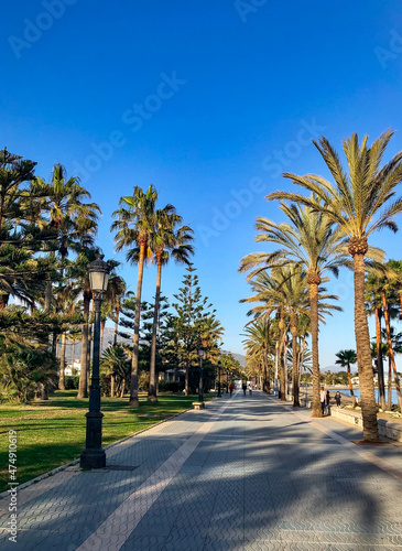 seafront promenade in the sunny day. Marbella resort city. Malaga  Spain