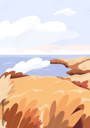 Peaceful fall landscape. Calm autumn nature with sea, sky horizon and clouds....