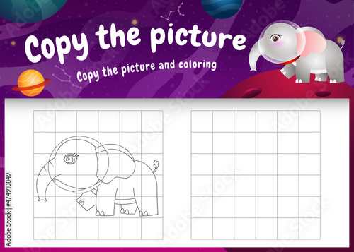 copy the picture kids game and coloring page with a cute elephant in the space galaxy