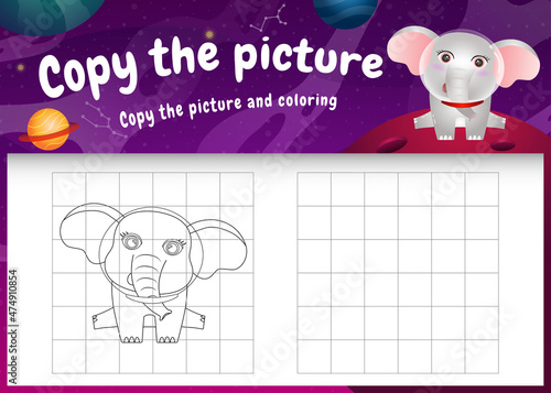 copy the picture kids game and coloring page with a cute elephant in the space galaxy