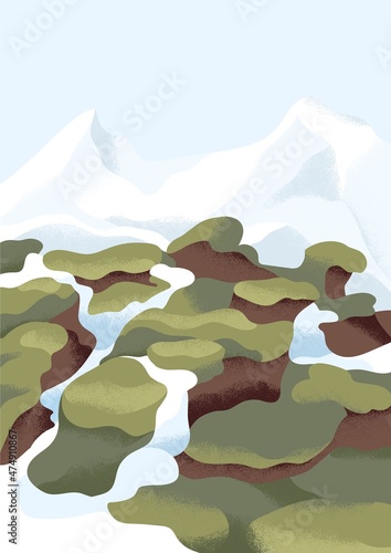 Calm mountain landscape. Peaceful spring nature with peaks in ice and snow. S...