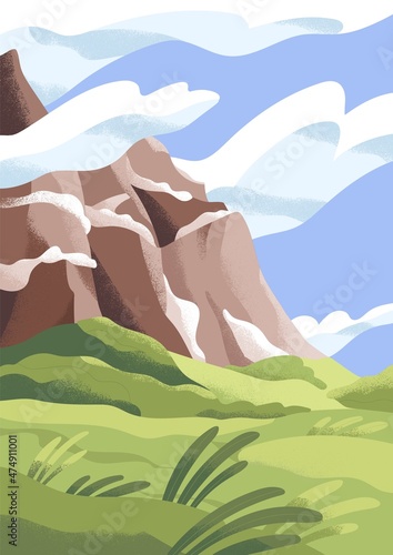 Peaceful landscape with cliff, sky horizon and grass. Serene idyllic summer nature with rock and clouds. Calm scenery. Tranquil countryside environment. Colored flat vector illustration
