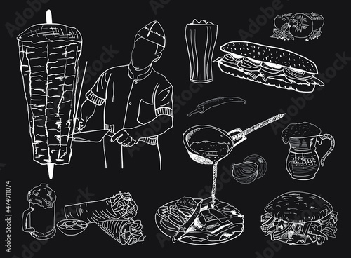 Shawarma cooking and ingredients for kebab. Doner kebab hand drawn. Middle eastern food. Fast food menu design elements. Restaurant cafe menu, template design. Food flyer. Vector.