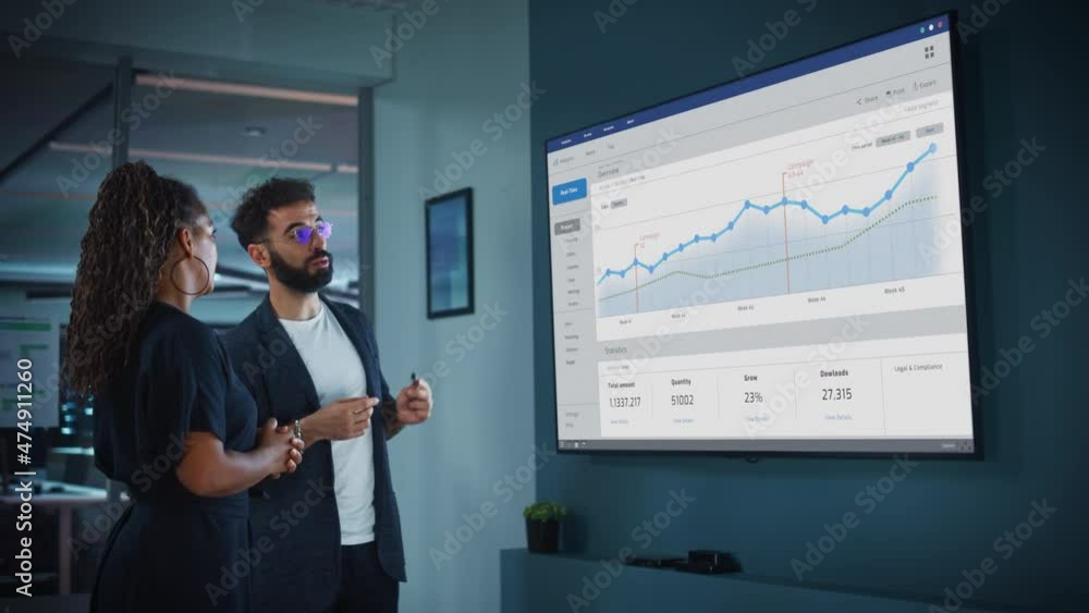 Company Marketing Director Holds Meeting Presentation for the CEO. Creative Male Uses TV Screen with Growth Analysis, Charts, Ad Revenue and Data. People Work in Business Office. Company Marketing Director Holds Meeting Presentation for the CEO. Creative Male Uses TV Screen with Growth Analysis, Charts, Ad Revenue and Data. People Work in Business Office.