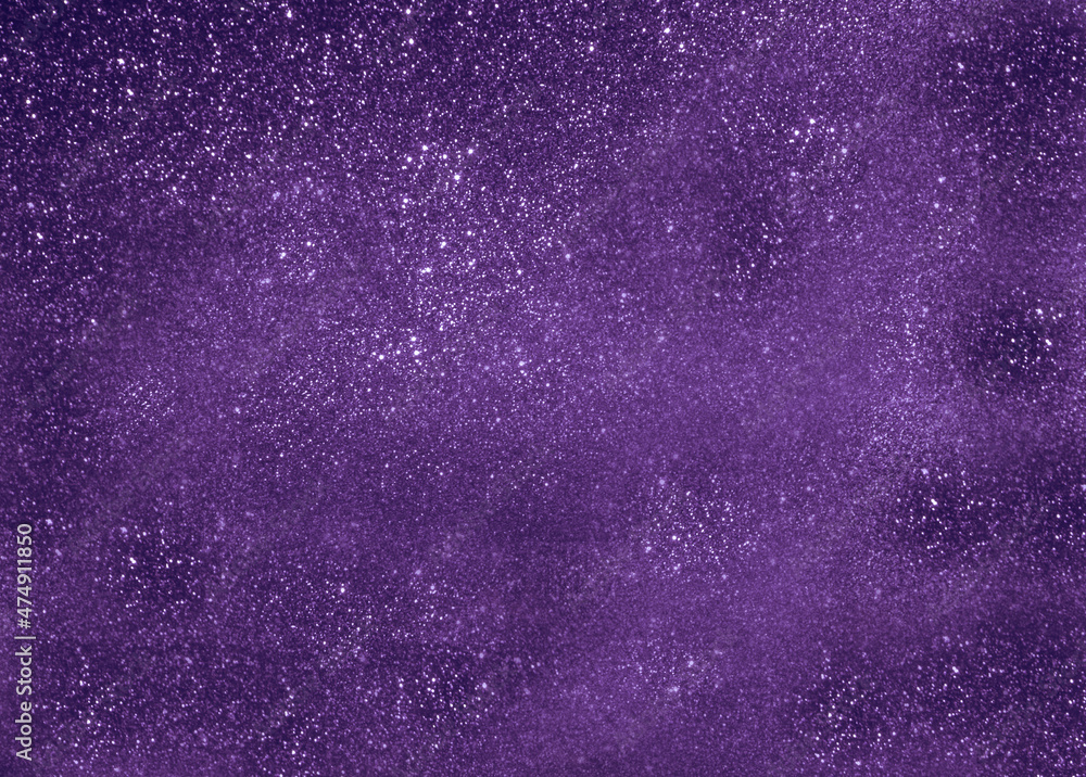 Obraz premium Abstract sparkling purple background with golden Christmas lights. Bokeh of Christmas garlands. The concept of the cover with glitter. pantone colors. Very peri color of the year 2022. Very Peri. 