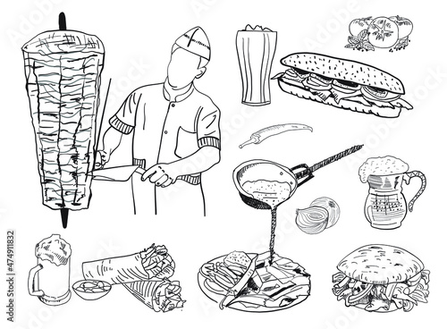 Shawarma cooking and ingredients for kebab. Doner kebab hand drawn. Middle eastern food. Fast food menu design elements. Restaurant cafe menu, template design. Food flyer. Vector.