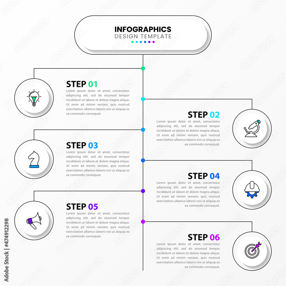 Infographic template with 6 options or steps. Timeline concept. Vector