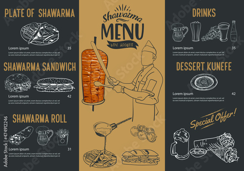 Shawarma cooking and ingredients for kebab. Doner kebab hand drawn. Middle eastern food. Fast food menu design elements. Restaurant cafe menu, template design. Food flyer. Vector.