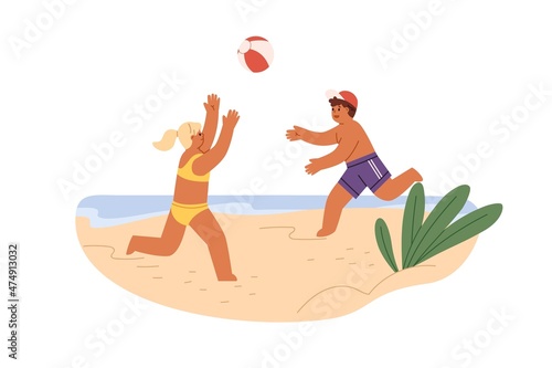 Children playing ball on sea beach. Happy kids having fun on sand coast on summer holidays. Girl and boy in swimsuits on seacoast at leisure. Flat vector illustration isolated on white background