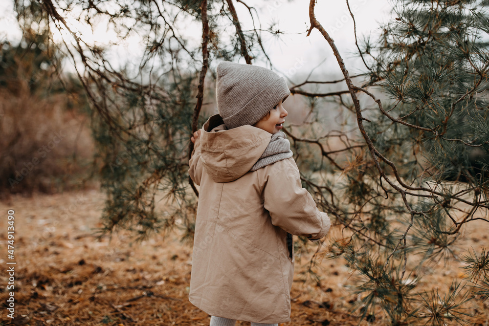 Little girl walking in a forest on late autumn day. Little girl walking in a forest on late autumn day.