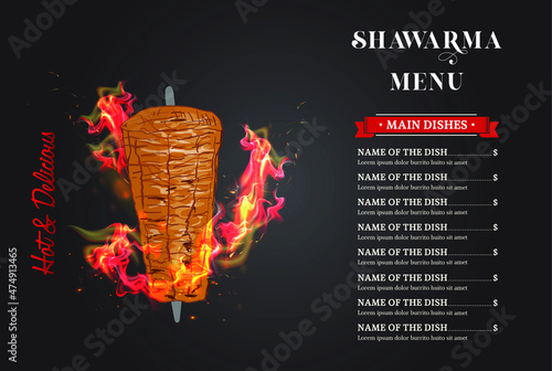 Shawarma cooking and ingredients for kebab. Doner kebab hand drawn. Middle eastern food. Fast food menu design elements. Restaurant cafe menu, template design. Food flyer. Vector.