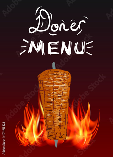 Shawarma cooking and ingredients for kebab. Doner kebab hand drawn. Middle eastern food. Fast food menu design elements. Restaurant cafe menu, template design. Food flyer. Vector.