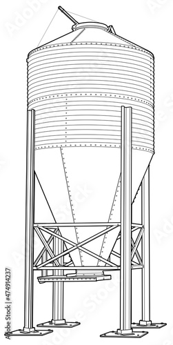 Isolated used grain or grain silo used for livestock farming.