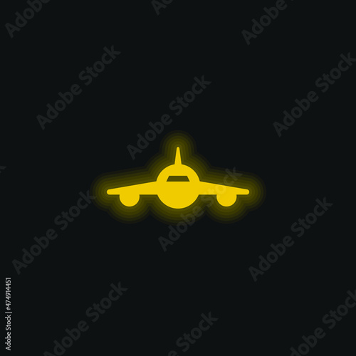 Airplane Frontal View yellow glowing neon icon