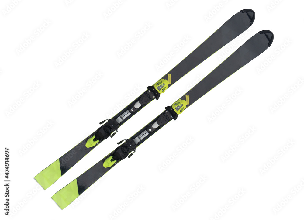Pair of alpine skis isolated on white background. Sport equipment for skiing. - obrazy, fototapety, plakaty 