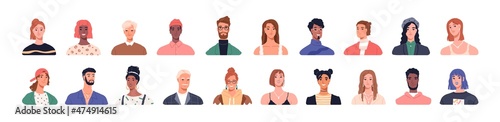 People head portraits set. Diverse men and women faces of different age and race. Happy modern young and old person avatars. Characters bundle. Flat vector illustrations isolated on white background