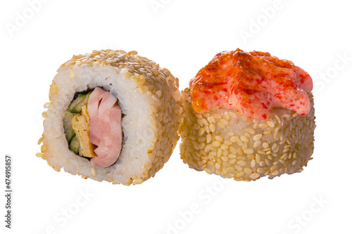 Pair of Sushi roll on the white background. Closeup of delicious japanese food with sushi roll. 