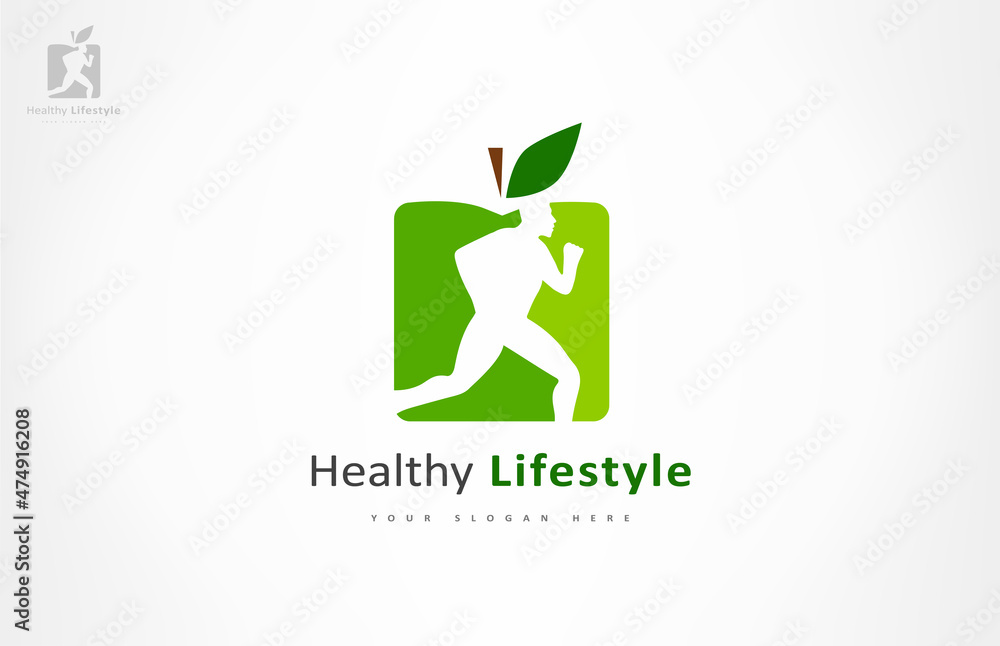 Man and apple logo. Healthy lifestyle. The man is running. Diet and weight loss concept. Red apple. Man and apple logo. Healthy lifestyle. The man is running. Diet and weight loss concept. Red apple.