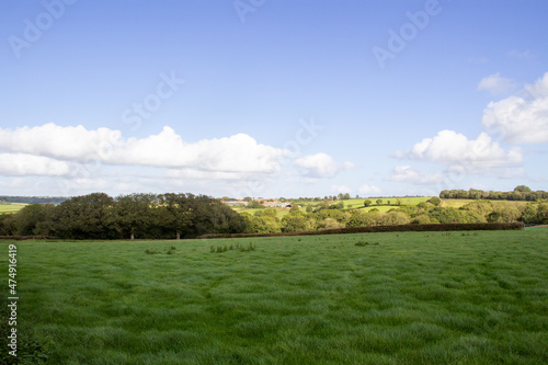 Devon countryside with gentle hills with green fields, hedges and woodland with a blue sky and a few clouds